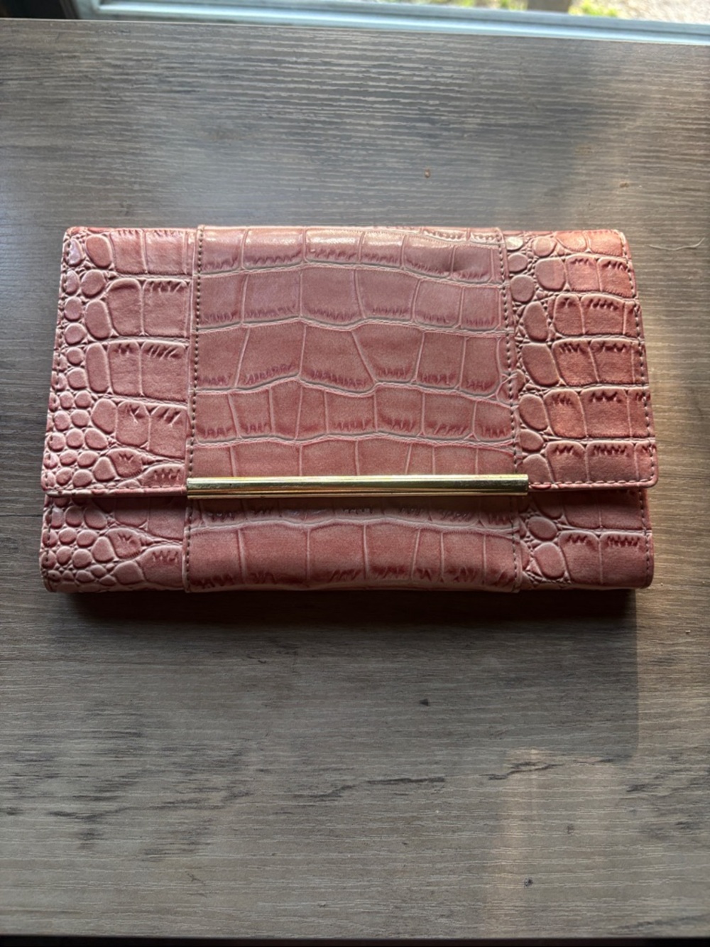 Croc-Embossed Pink Leather Clutch with Gold Accent